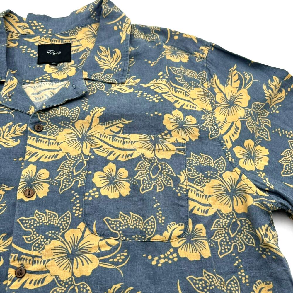 RAILS Mens XXL Blue Yellow Floral Linen Hawaiian Tropical Carson Button Up Shirt